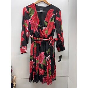 Enfocus Petite Red Floral Black Wrap Midi Dress Long Sleeve 6P  NEW